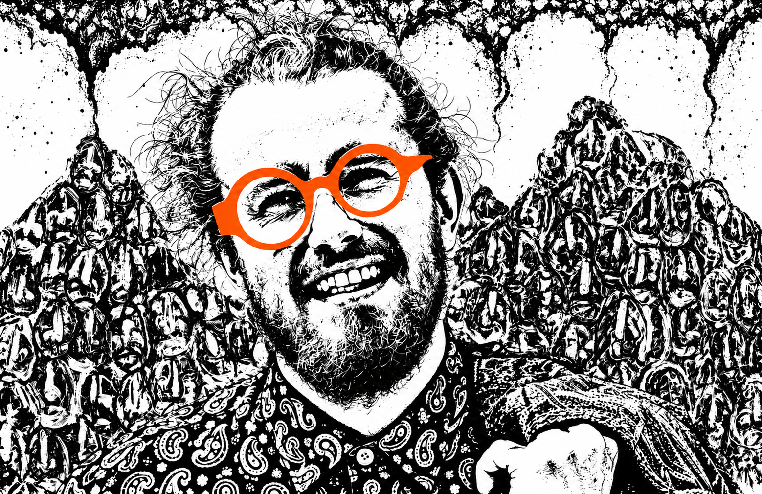 graphic black-and-white portrait of porte renaud with orange glasses, drawn mountains and smoke behind him.